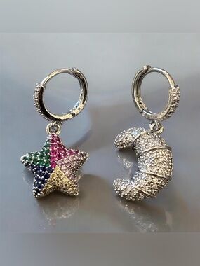 Silver Moon & Multicolor Star micropave cz EarringsNEW 18k over copper 925 posts